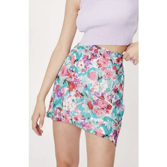 Nasty Gal Womens Turquoise Floral Metallic Side Zip Mini Skirt, Size 4 (US), NEW - Picture 1 of 9
